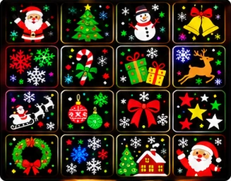 Composição dos 16 desenhos natalinos, incluindo Papai Noel, árvore, boneco de neve, flocos, presentes, estrelas, sinos e rena.