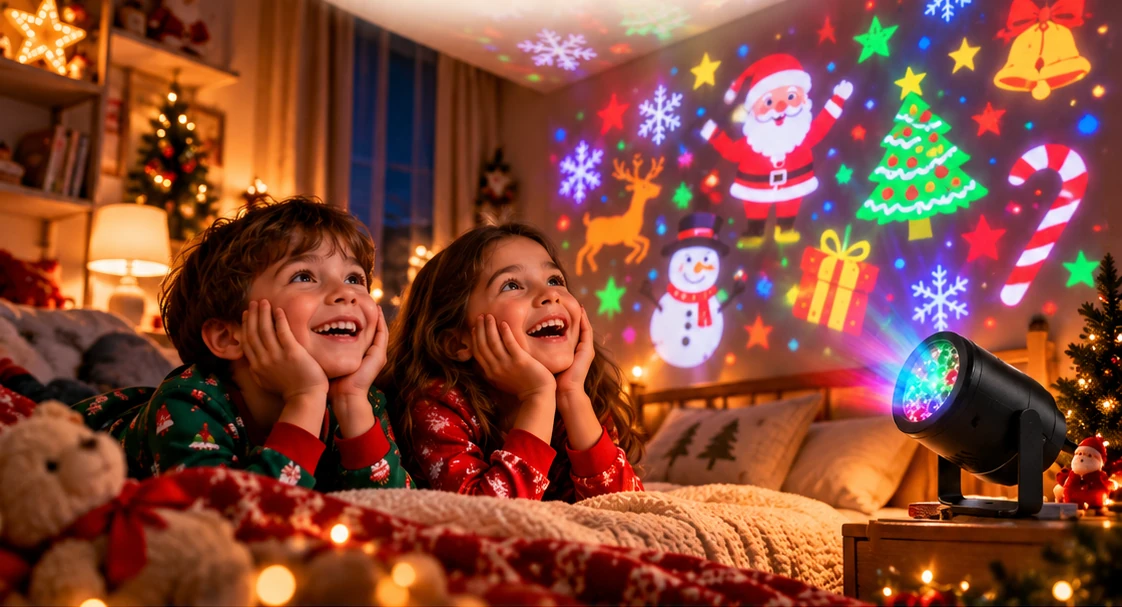Duas crianças encantadas em um quarto aconchegante, olhando projeções coloridas de Papai Noel, árvore, boneco de neve e outros desenhos natalinos; projetor preto com suporte ao lado da cama.